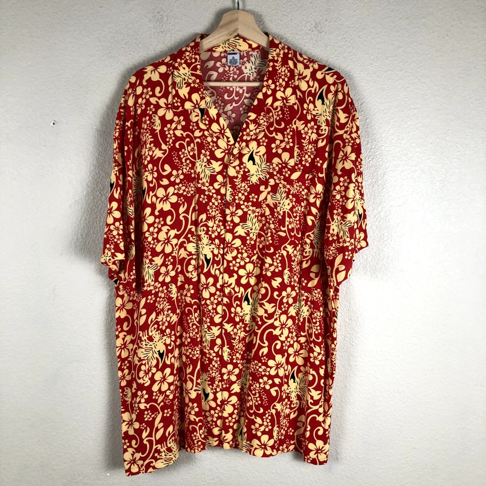 Crazyous Hawaiian Camp Shirt Men XL Red Floral Rayon Aloha Tiki Island Retro